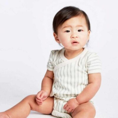 Bath & Clothing Pehr Baby Onesies & Rompers | Pehr Stripes Away Pebble Grey Kimono Organic Cotton One-Piece